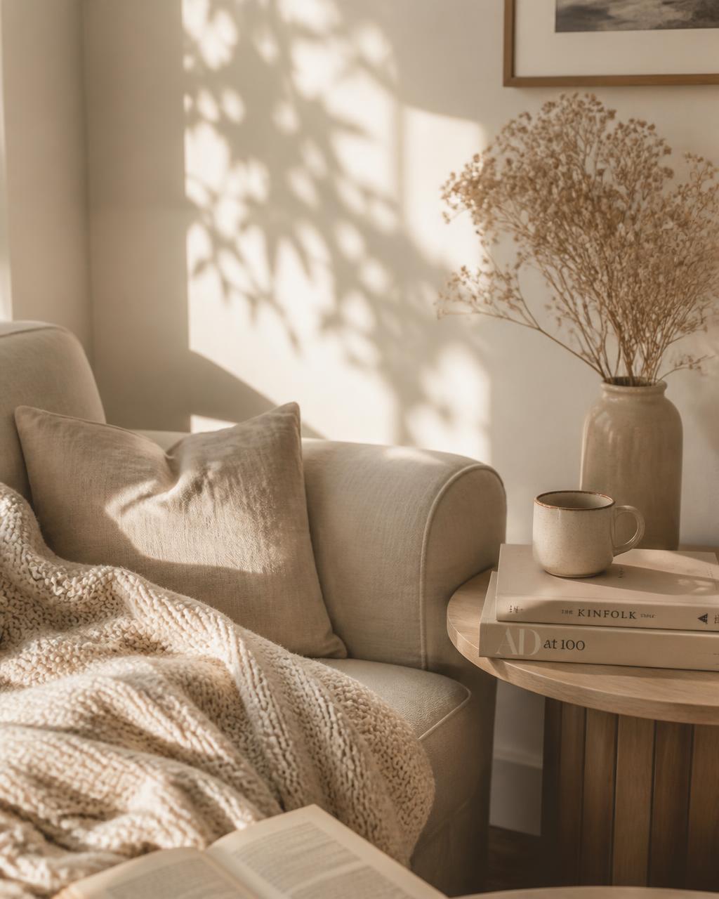 Sunlit cosy living room corner with knitted throw and books