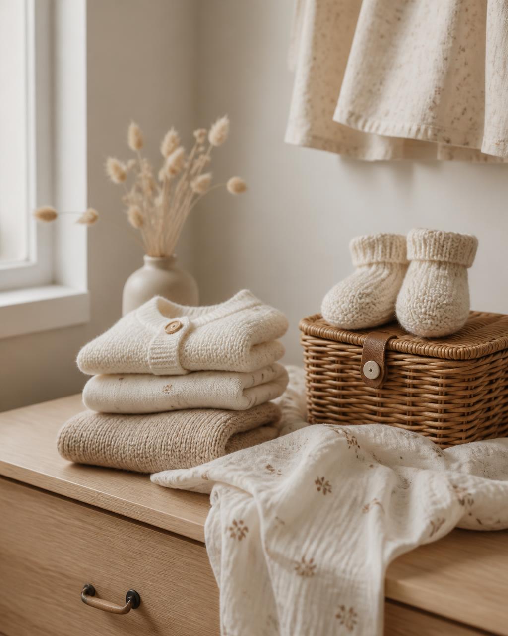 Folded cream baby knitwear beside a wicker basket