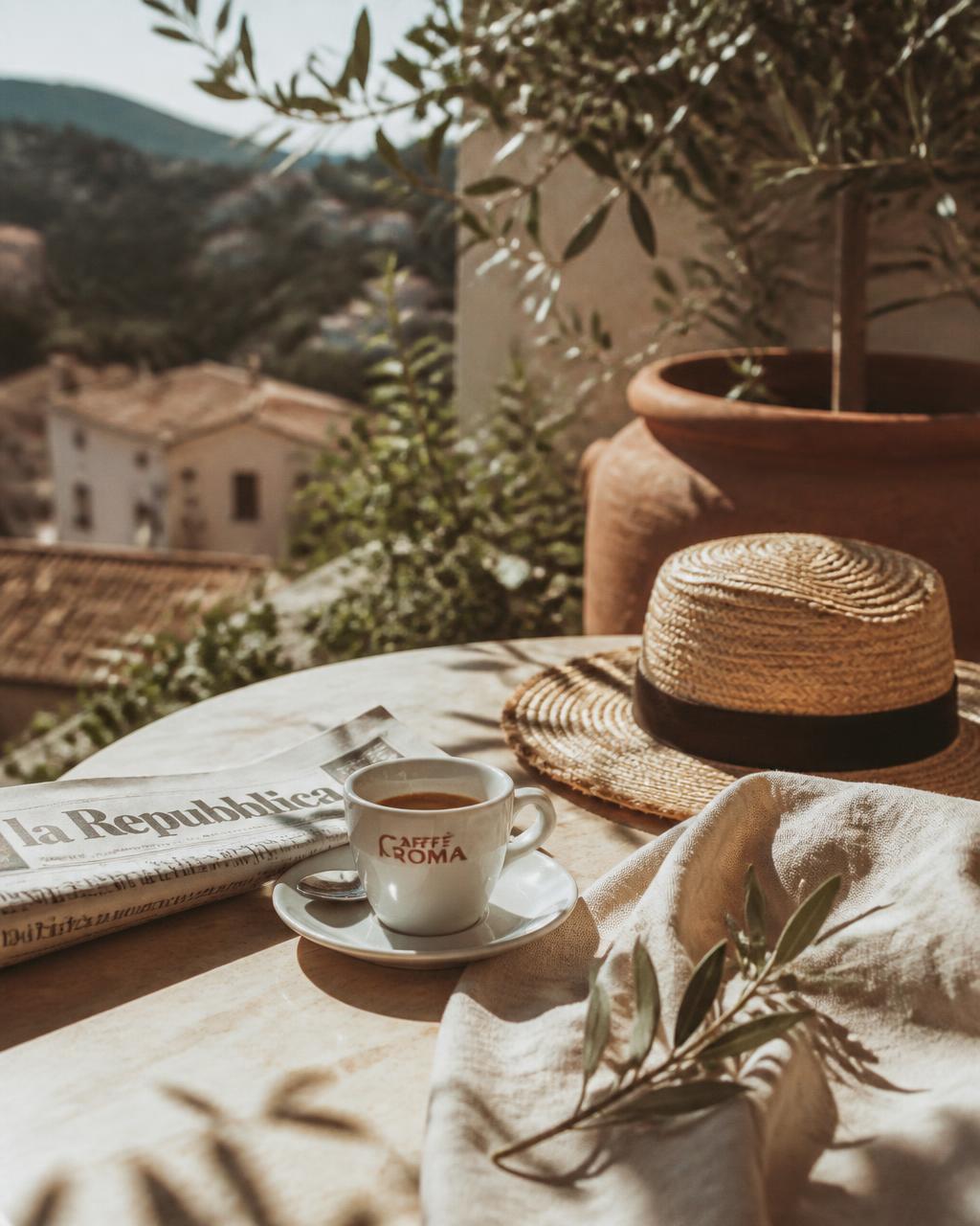 Sunlit Italian terrace table with espresso and a straw hat